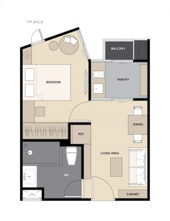 1 Bedroom ขนาด 34.5 Sq.m. @ คอนโด เพ-ลา วุฒากาศ