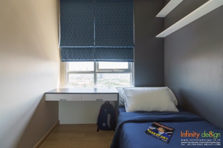 ห้องนอนเล็ก กับผ้าม่านลายกราฟิก @ The Tempo Grand สาทร-วุฒากาศ
