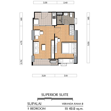Floor Plan 1 Bedroom 43.00 sq.m. @ Supalai Veranda พระราม 9