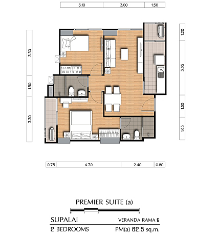 Floor Plan 1 Bedroom 62.5 sq.m. @ Supalai Veranda พระราม 9