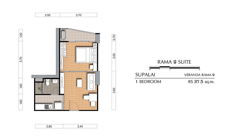 Floor Plan 1 Bedroom 37.5 sq.m. @ Supalai Veranda พระราม 9