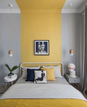 ไอเดียการตกแต่งห้องโทนสีเหลือง : ห้องนอนโทนสีเทา เหลือง