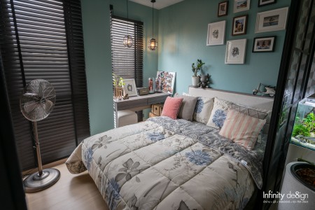 ห้องนอนตกแต่งด้วยวอลเปเปอร์สี Turquoise @ Unio สุขุมวิท 72