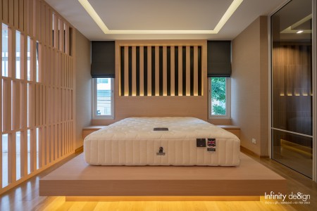 ห้องนอนใหญ่ตกแต่งด้วยผ้าม่านพับ สีเทาเข้ม @ Nirvana Beyond Lite พระราม 9