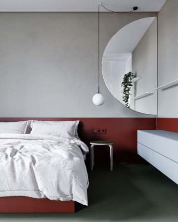 ไอเดียตกแต่งห้องโทนสีแดง : ห้องนอนที่เน้นความเรียบง่าย