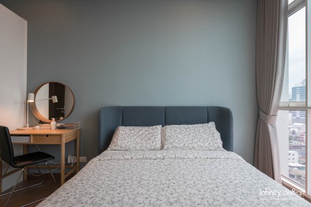 ห้องนอนตกแต่งวอลเปเปอร์สีน้ำเงินอมเขียว @ Supalai Elite สุรวงศ์