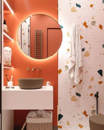ไอเดียตกแต่งห้องน้ำสีสันสดใส : สีสันสุดจี๊ด ในโทนสีส้ม